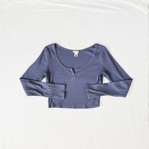 Bozzolo Muted Blue Ribbed Long Sleeve Scoop Neck Crop Top, Women’s Small (4-6)